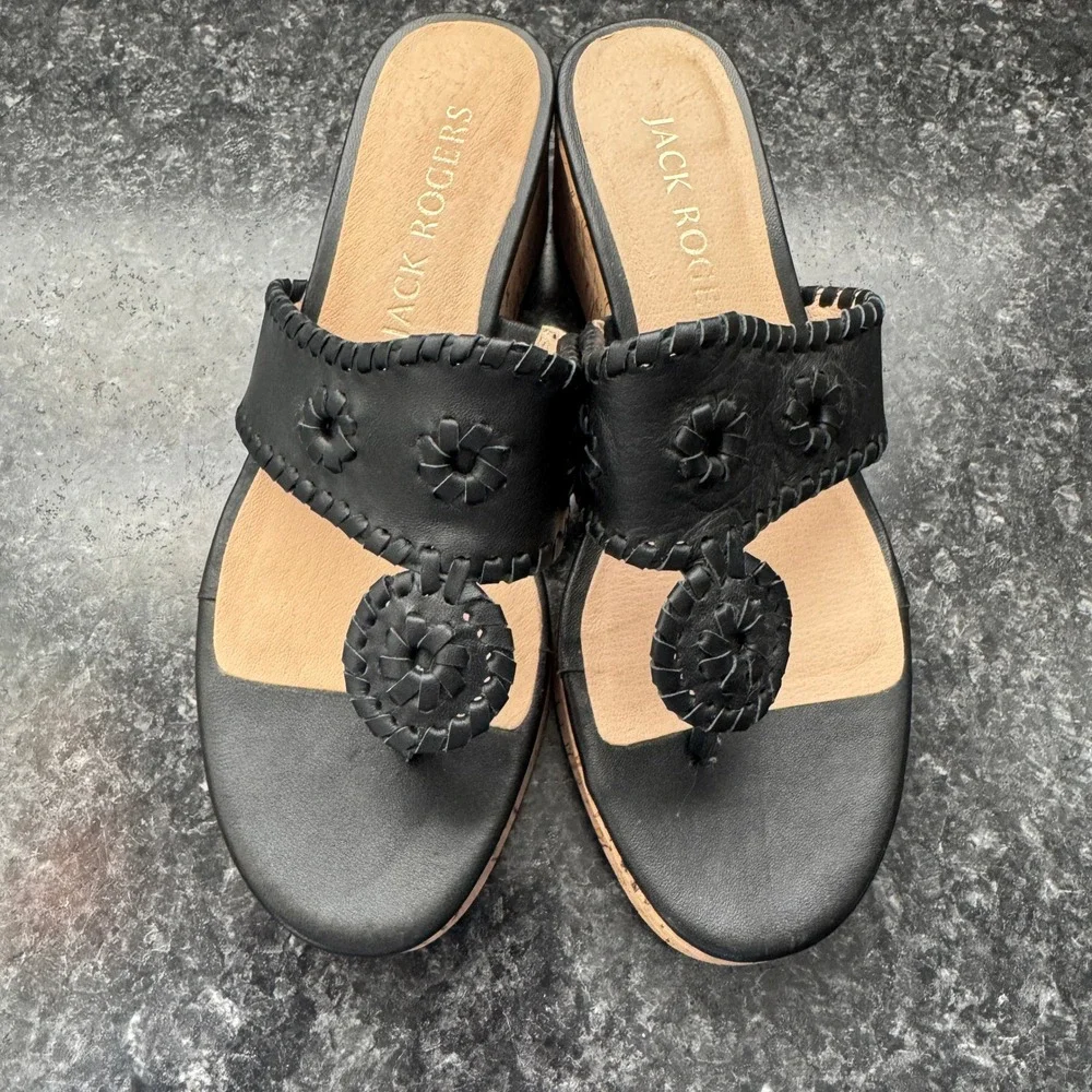 Jack Rogers Mid Wedge Cork Thong Sandals Women's Size 7 Woven Black Classic